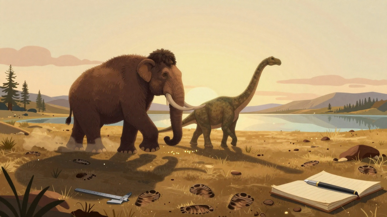 Ilustração de mamute e dinossauro caminhando perto de um lago ao pôr do sol com pegadas e caderno.