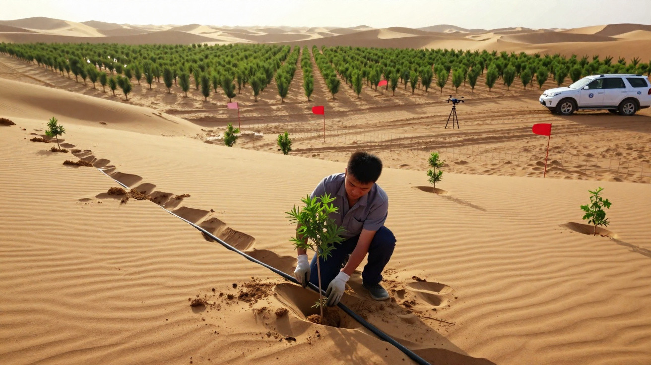 Homem plantando árvore jovem no deserto com fileira de árvores ao fundo e veículo branco estacionado.