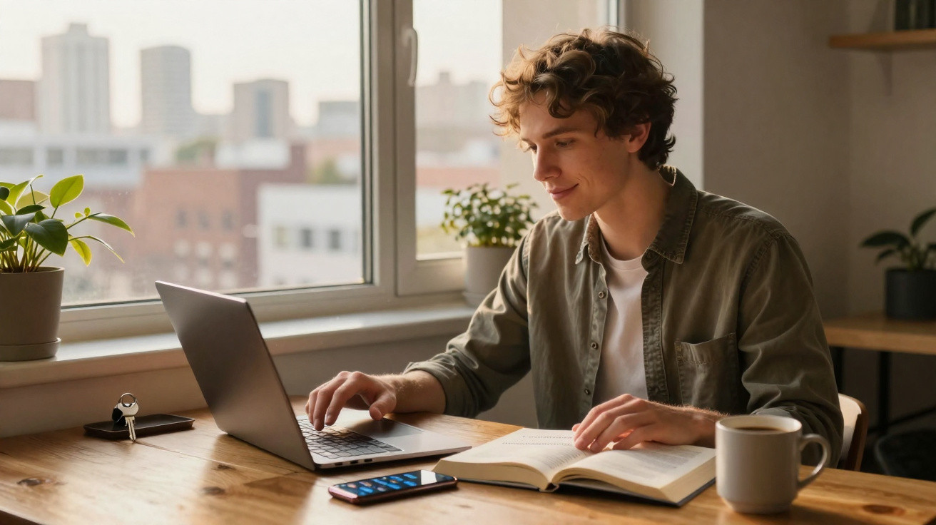 Jovem estudando e digitando no laptop com livro aberto, celular e caneca em uma mesa perto da janela.