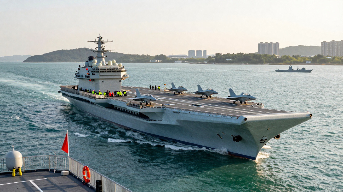 Porta-aviões naval cinza com jatos de combate no convôo navegando próximo à costa urbana.