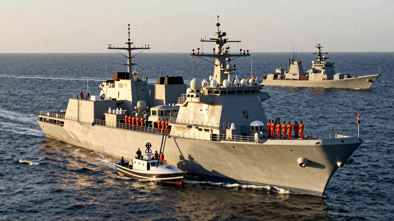 Três navios de guerra cinza em alto mar com marinheiros de uniforme laranja no convés durante o dia.