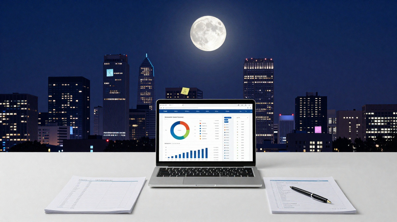 Computador portátil com gráficos e planilhas, mesa com papéis e caneta, cidade iluminada e lua cheia ao fundo.