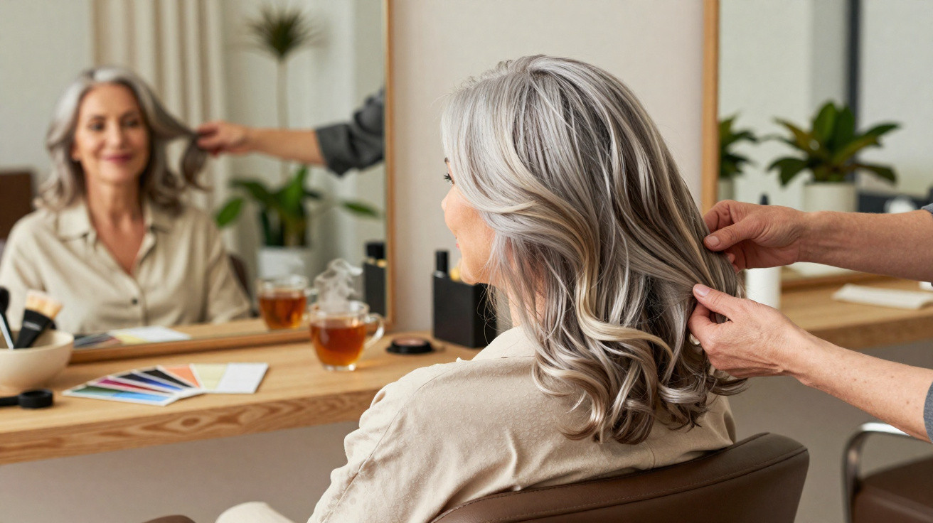 Mulher grisalha sentada em cadeira de salão enquanto cabeleireiro arruma seu cabelo ondulado.