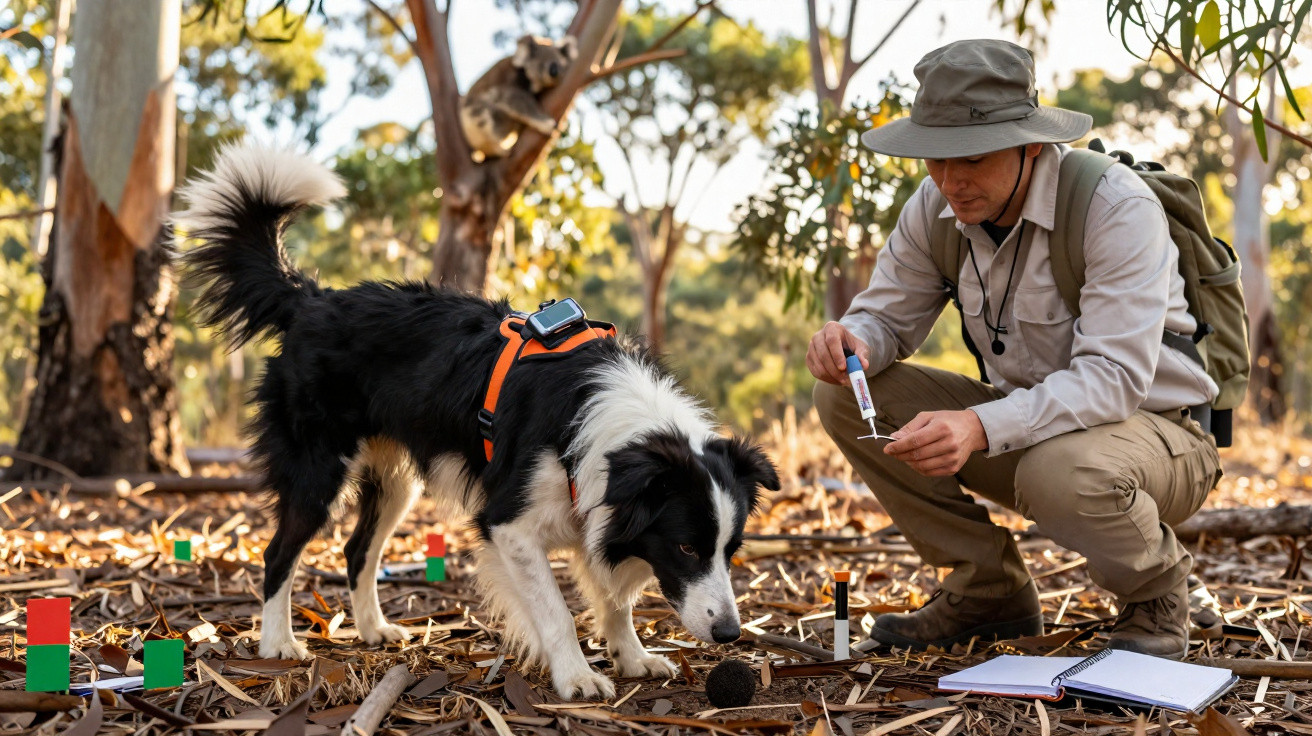 Cachorro farejando solo com guia humano colhendo amostra em área arborizada marcada por blocos coloridos.