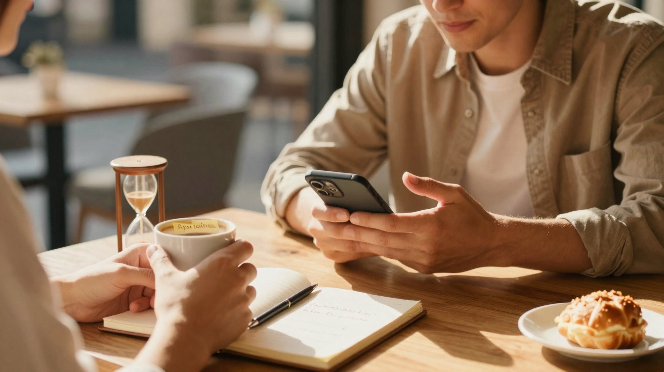 Duas pessoas em mesa de café, uma segurando xícara, outra usando celular, com caderno e relógio de areia.