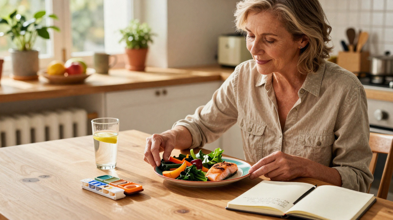 Mulher madura sentada à mesa com prato de salmão e legumes, livro aberto e copo de água com limão.