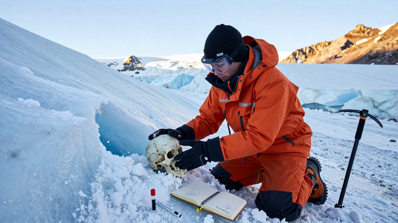 Pesquisador em roupa laranja segura crânio na neve perto de caderno e picareta em geleira.