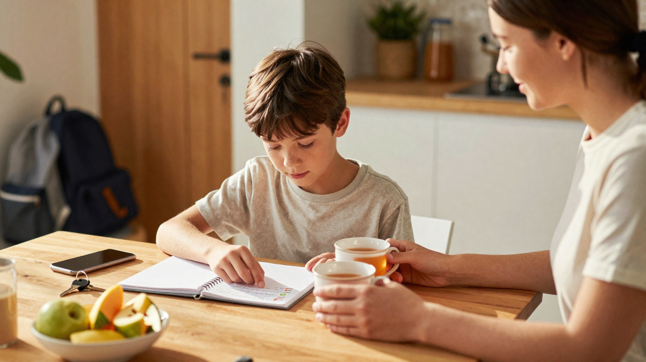 Menino estudando com caderno aberto e mulher ao lado segurando canecas de chá sentados à mesa.
