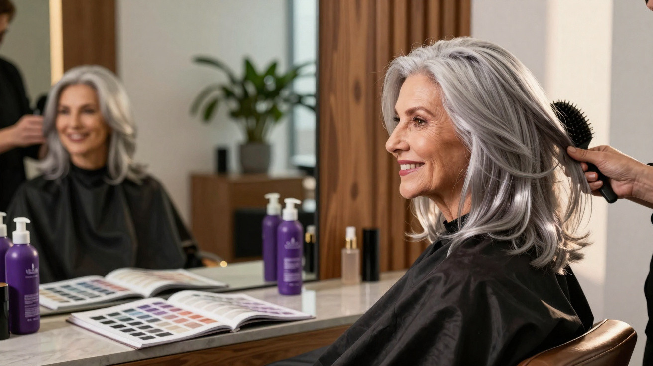 Mulher madura sorridente sentada em salão de beleza enquanto penteiam seu cabelo grisalho.