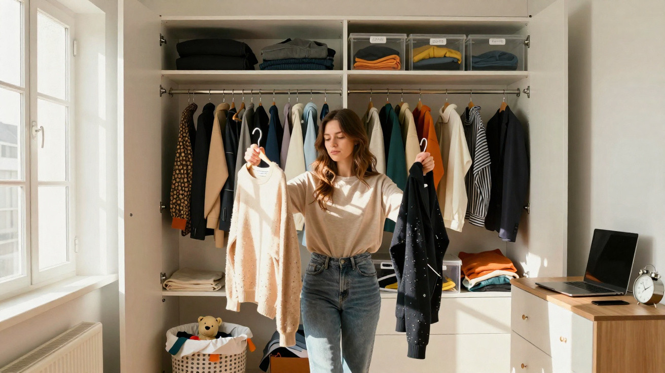 Mulher escolhendo roupas na frente de guarda-roupa organizado em quarto iluminado pelo sol.
