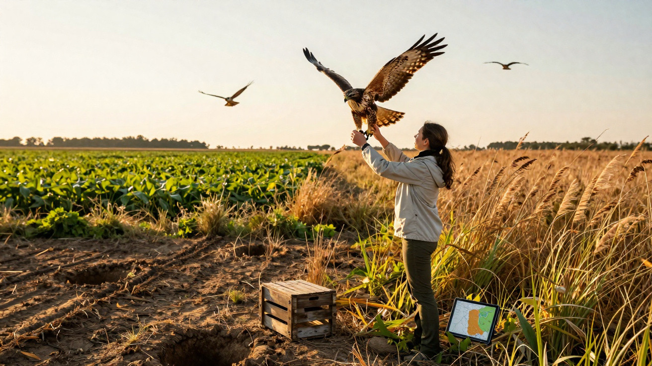 Pessoa soltando falcão em área rural ao pôr do sol, com laptop e caixa de madeira no chão.
