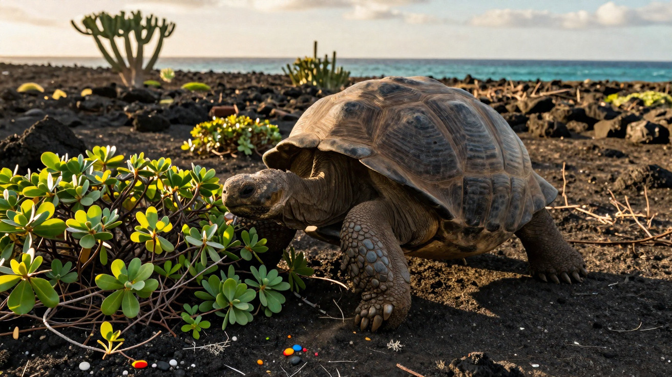 Tartaruga gigante caminhando em solo rochoso perto de plantas baixas com o mar ao fundo.