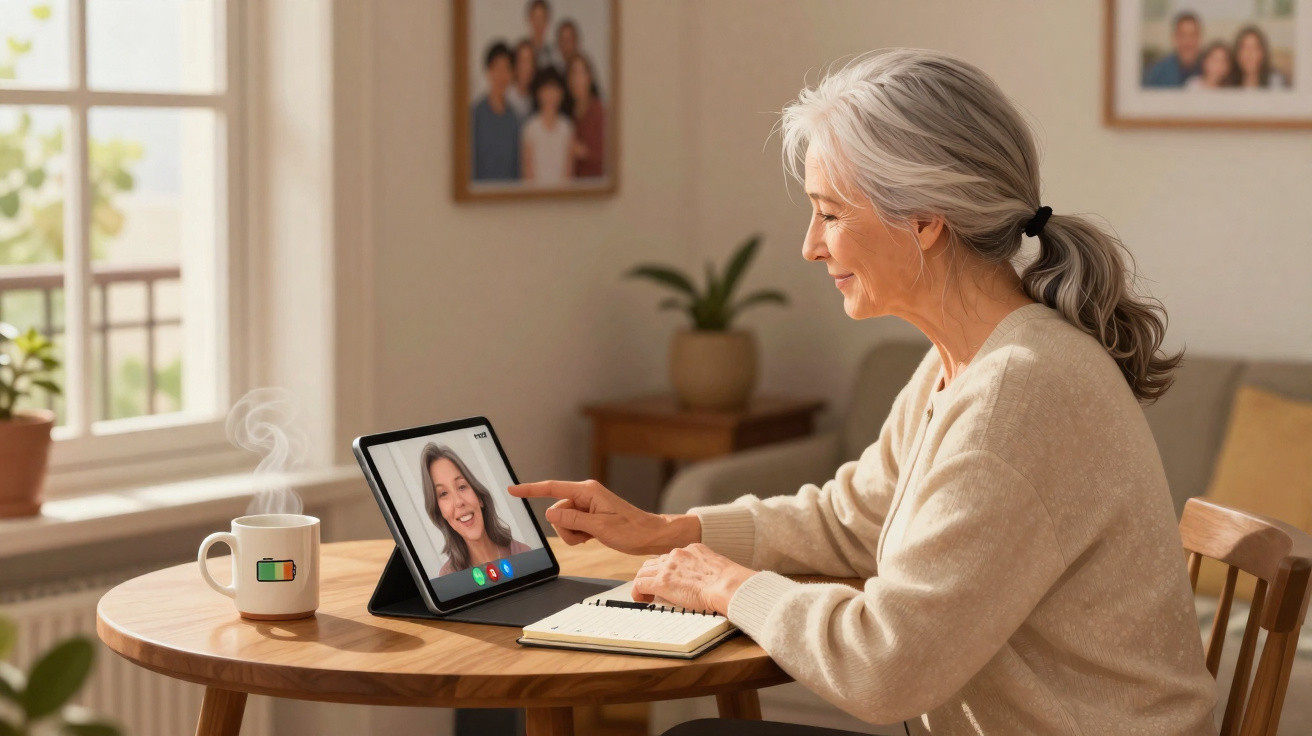 Mulher idosa sorrindo durante chamada de vídeo em tablet na mesa com café e caderno.