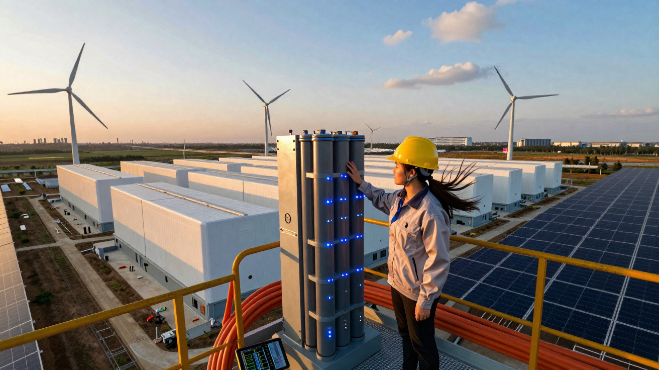 Mulher com capacete amarelo operando equipamento em usina solar com turbinas eólicas ao fundo ao pôr do sol.