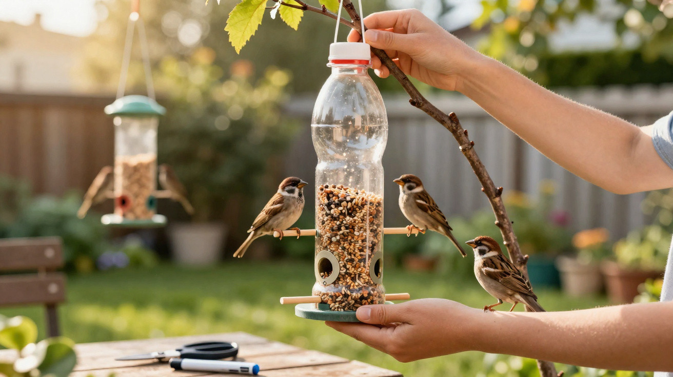Pássaros pequenos se alimentando em comedouro artesanal feito com garrafa plástica em jardim ensolarado.