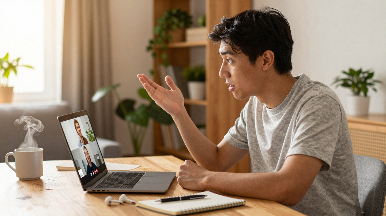 Homem participando de videochamada em laptop à mesa com caderno, fones e xícara de café fumegante.