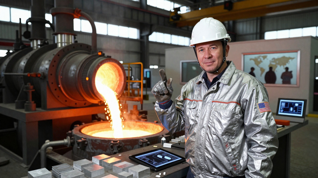Homem com capacete e jaqueta prata em fundição industrial, mostrando polegar em fábrica de metalurgia.
