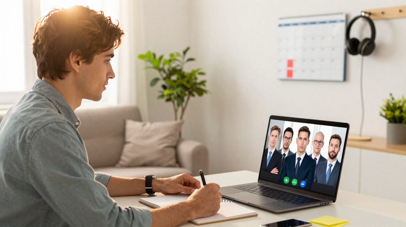 Homem jovem em videoconferência com quatro homens de terno em ambiente de escritório doméstico.