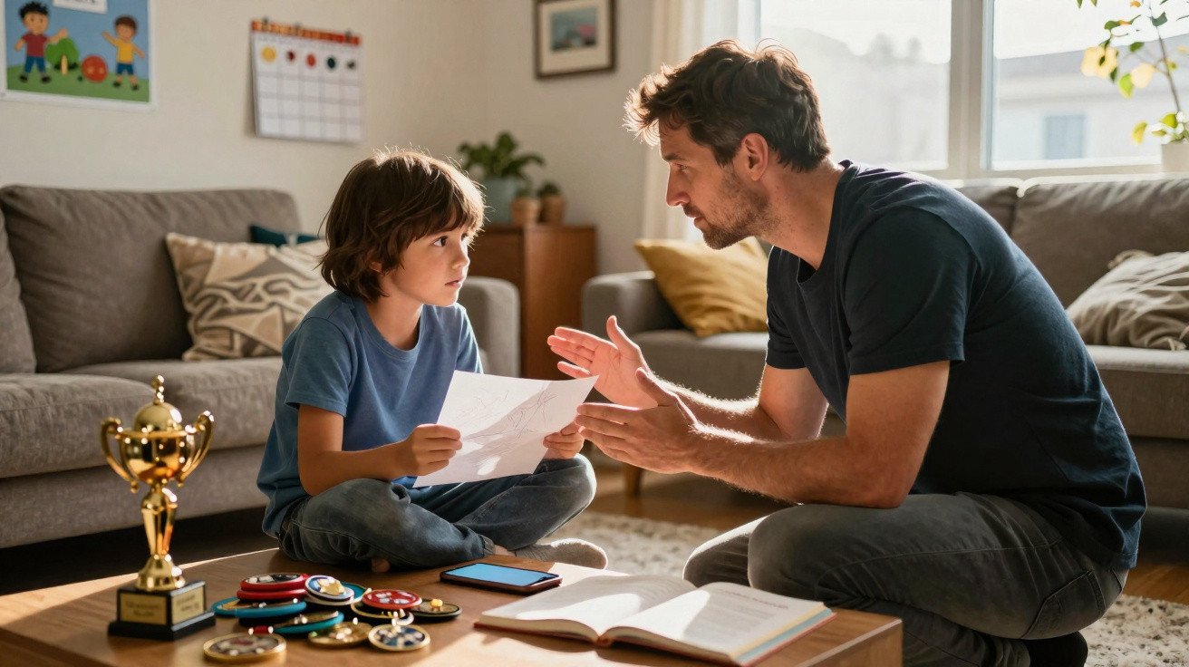 Pai conversando com filho segurando um desenho, com vários troféus e medalhas em uma mesa na sala.