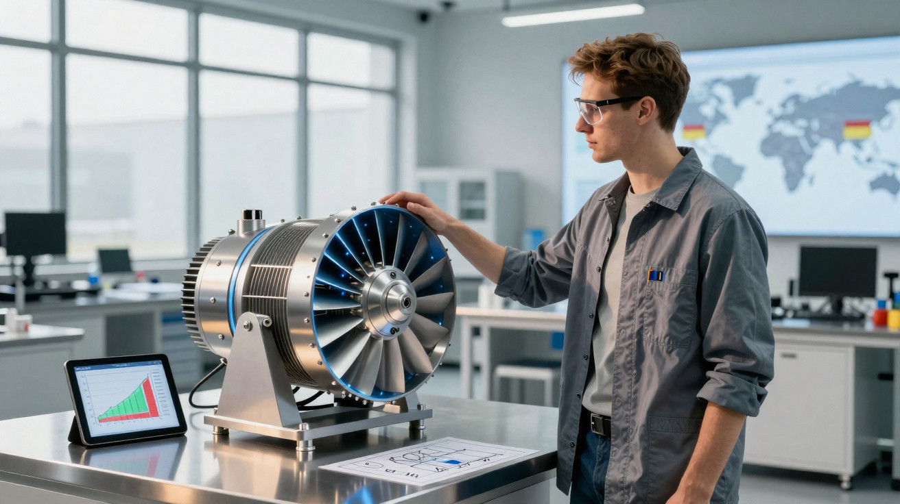 Engenheiro em laboratório tecnológico examina turbina com tablet e gráfico ao lado.