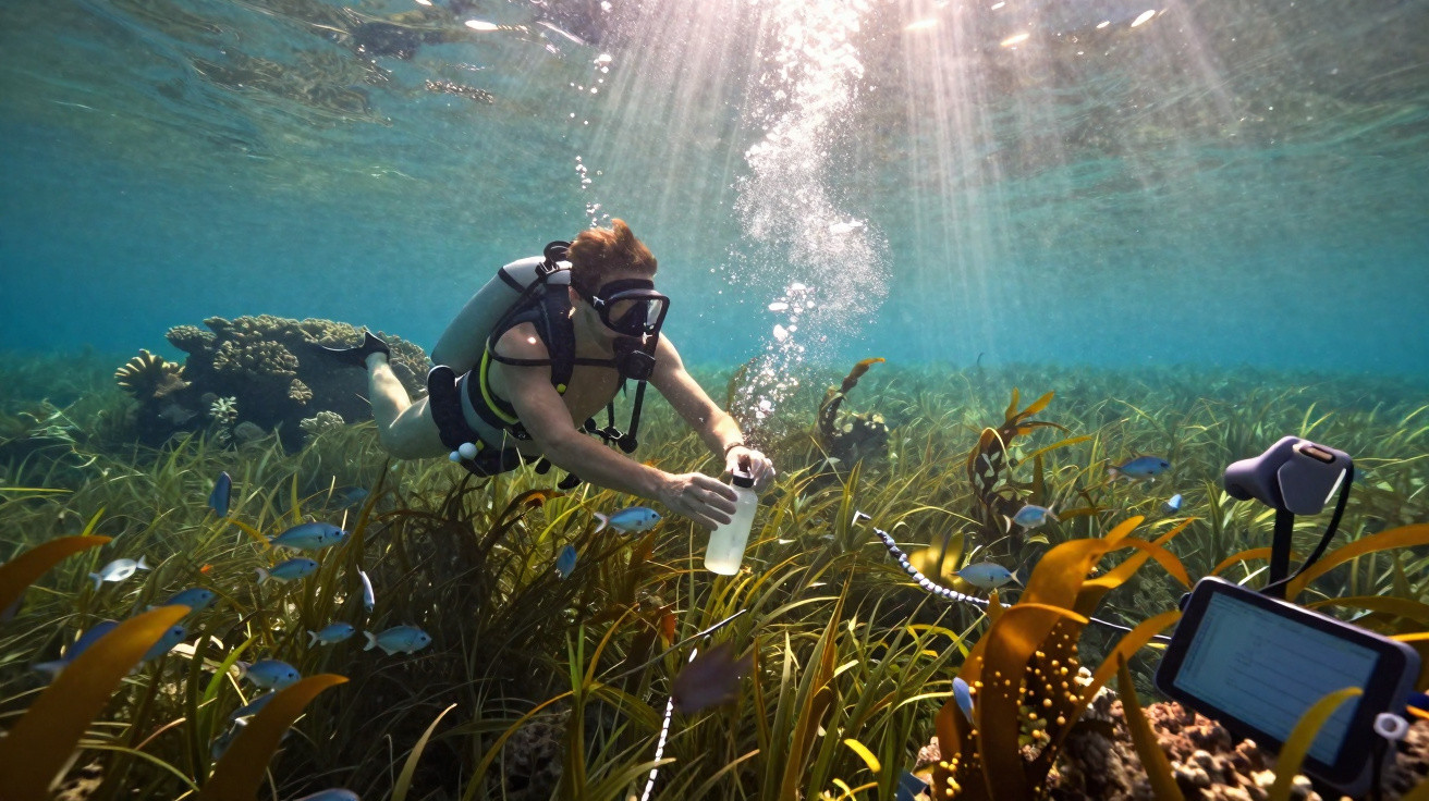 Mergulhador coleta amostra de água em tanque com plantas aquáticas e peixes sob luz solar submersa.
