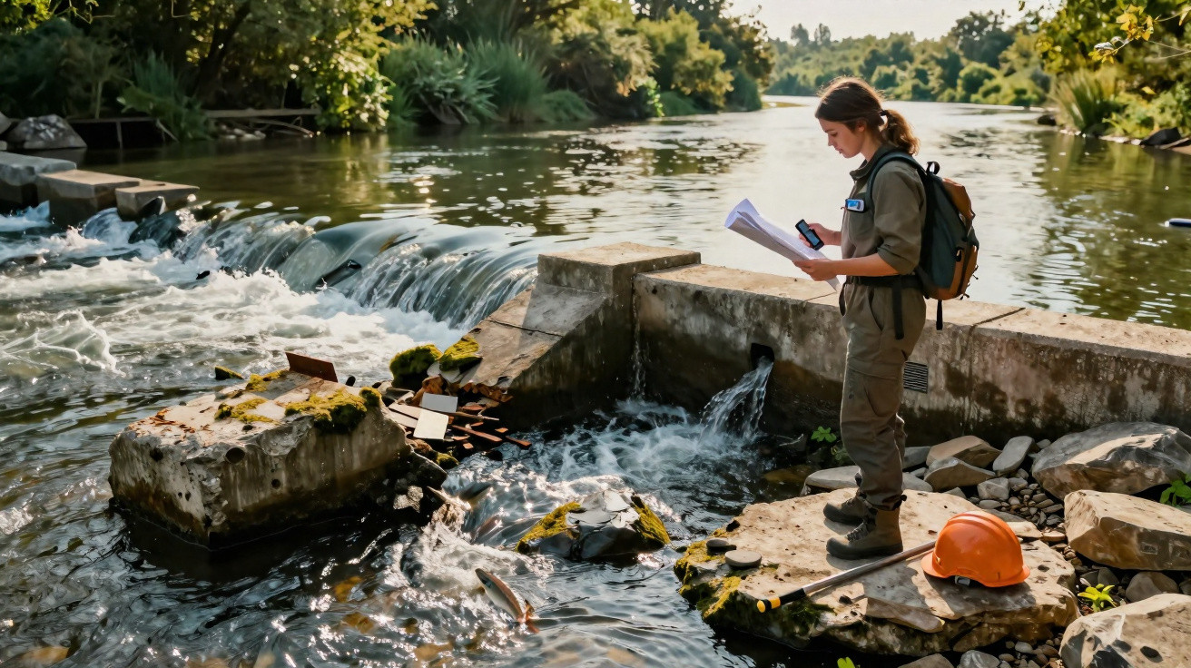 Mulher com uniforme e mochila faz anotações em caderno perto de riacho com pequena barragem e vegetação.