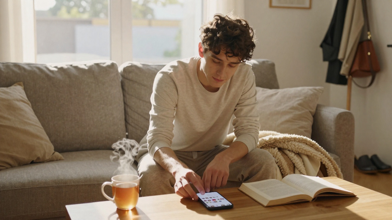 Jovem sentado no sofá, usando smartphone com livro aberto e xícara de chá na mesa de centro.