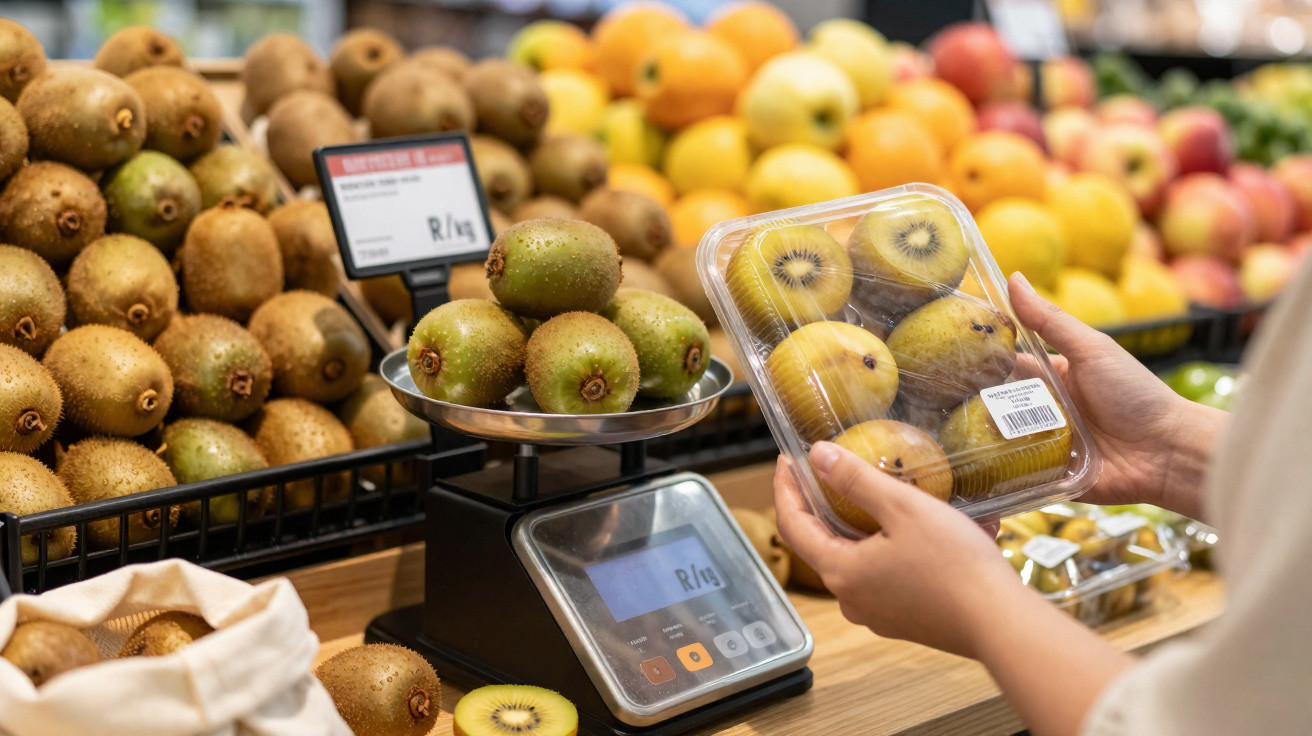 Pessoa segurando embalagem de kiwis dourados em supermercado com balança e kiwis tradicionais ao fundo.