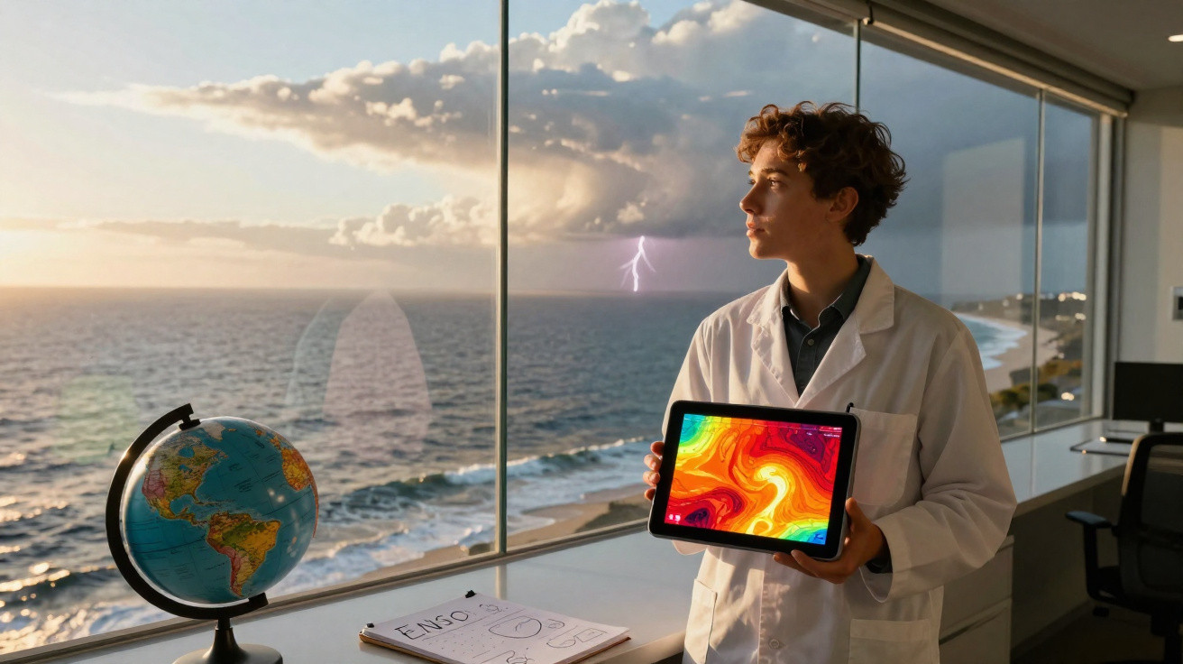 Jovem cientista com jaleco exibe tablet com mapa térmico, com vista para o mar e relâmpago ao fundo.