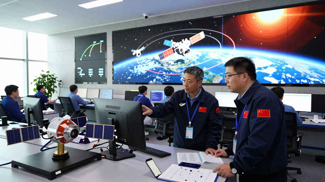 Equipe chinesa monitora satélites em sala de controle com maquete de satélite e telas de espaço sideral ao fundo.