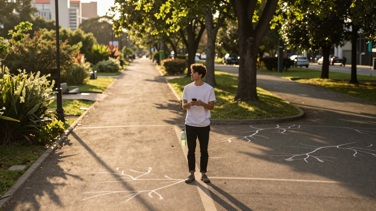 Jovem de camiseta branca segurando celular em rua com desenhos brancos no chão ao pôr do sol.
