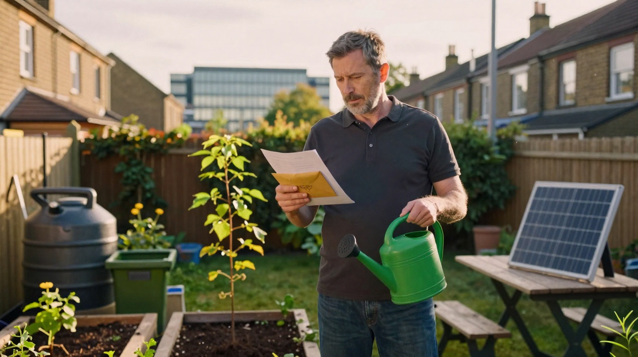 Homem com regador verde lendo instruções em jardim residencial com plantas e painéis solares.