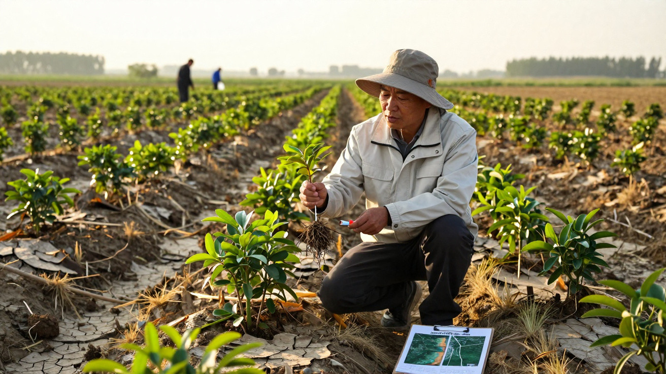 Homem agachado inspecciona muda de planta em campo agrícola com solo seco e rachado.