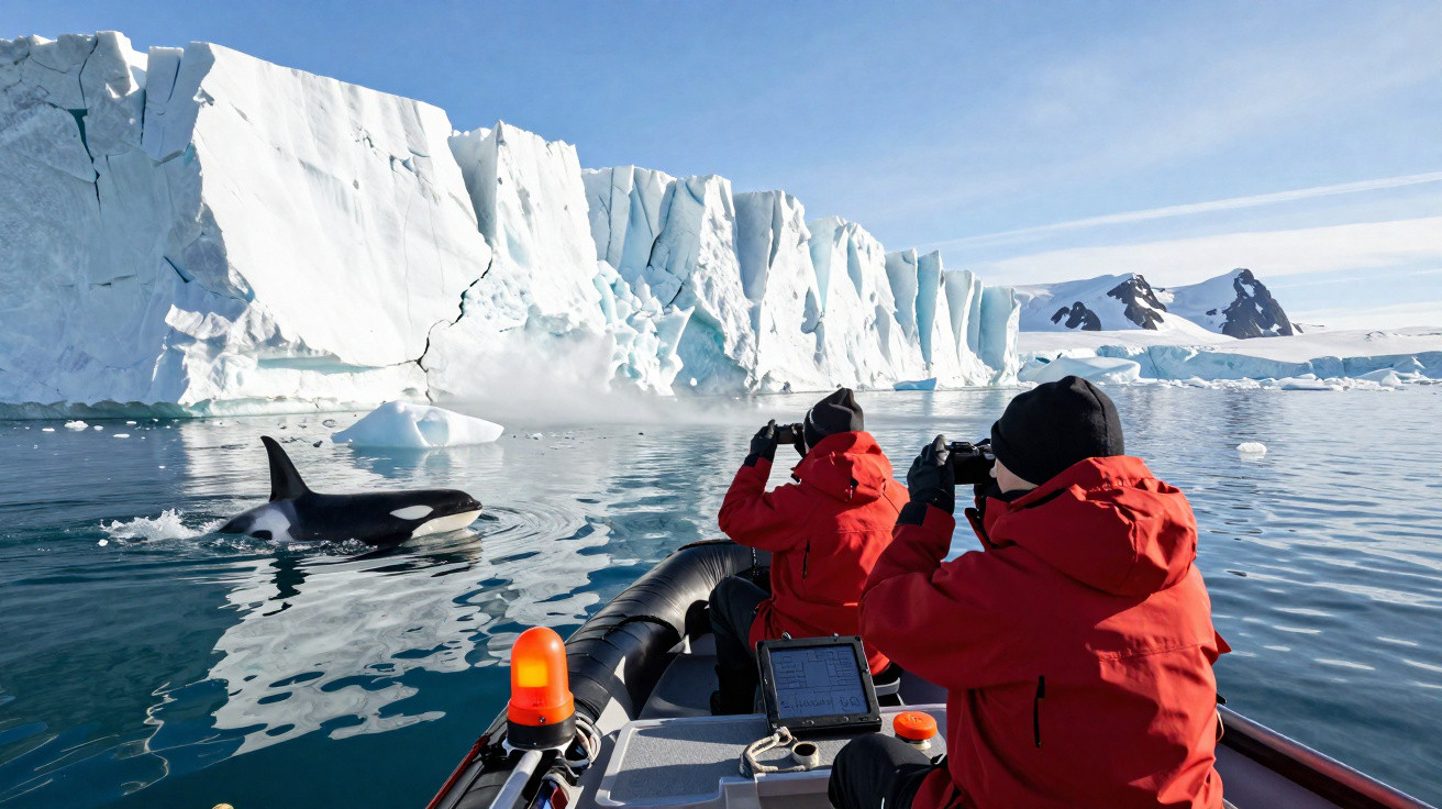 Dois pesquisadores em roupa vermelha observam uma orca próxima a um iceberg flutuante.