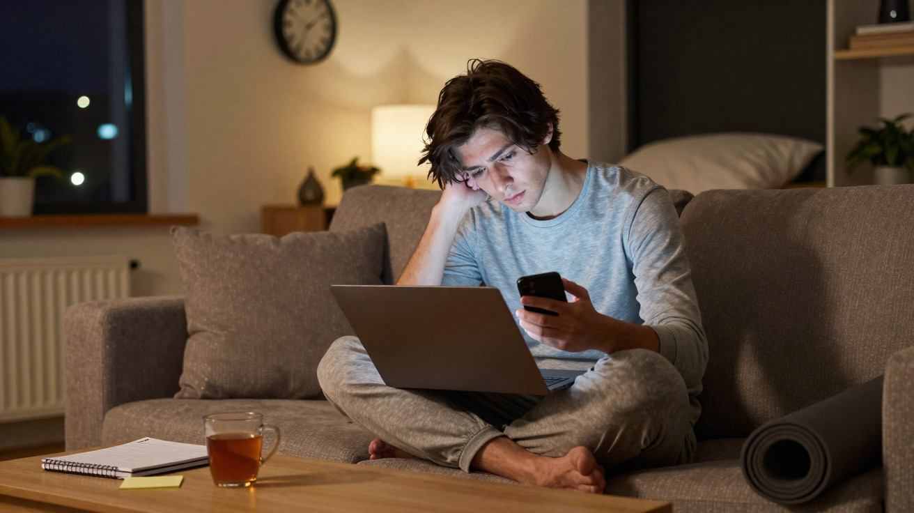 Jovem sentado no sofá à noite, usando laptop e celular, com xícara de chá na mesa de centro.