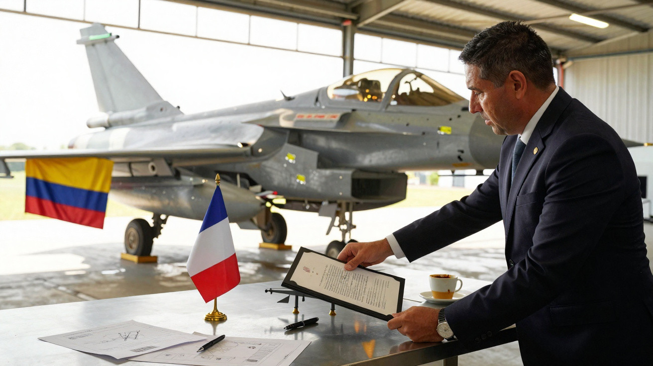 Homem de terno lendo documento sobre mesa com bandeiras da França e Colômbia, e caça militar ao fundo.