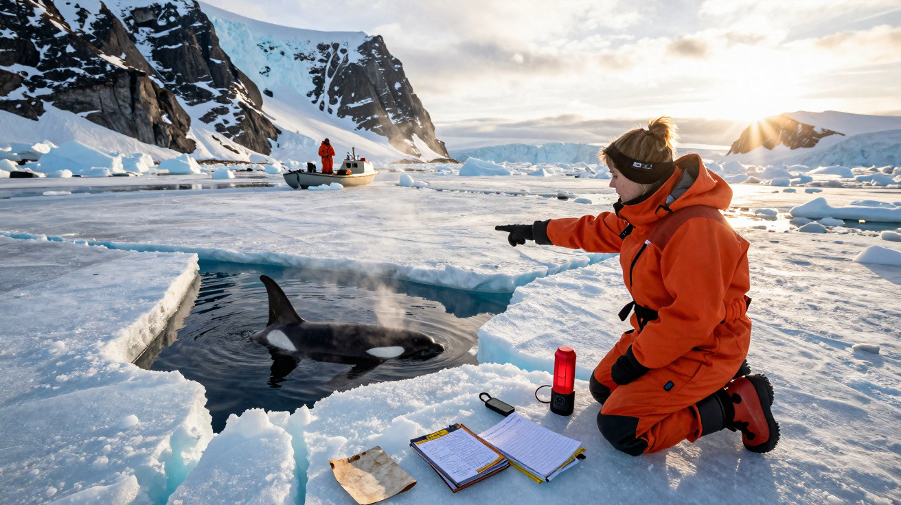 Pesquisadora em roupa laranja observa orca em águas geladas em região polar com barco e montanhas ao fundo.