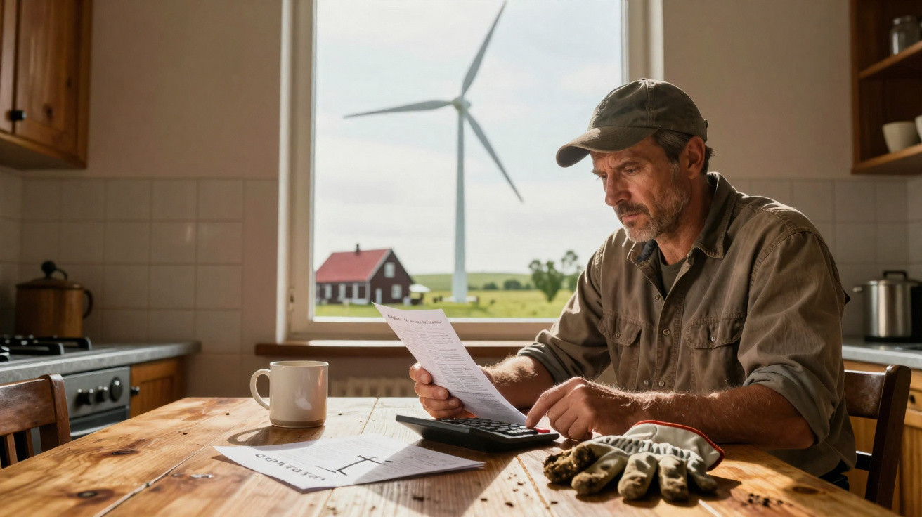 Homem sentado à mesa em cozinha rústica, calculando contas, com moinho de vento e campo ao fundo pela janela.