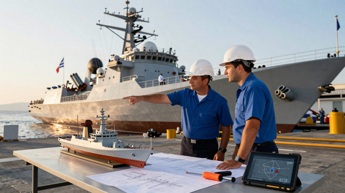 Dois engenheiros com capacetes brancos analisam maquete e plantas de navio militar no cais, com navio ao fundo.