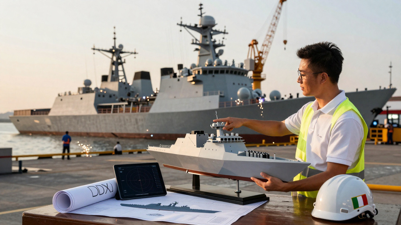 Homem com colete de segurança analisa modelo de navio de guerra em porto com navio real ao fundo.