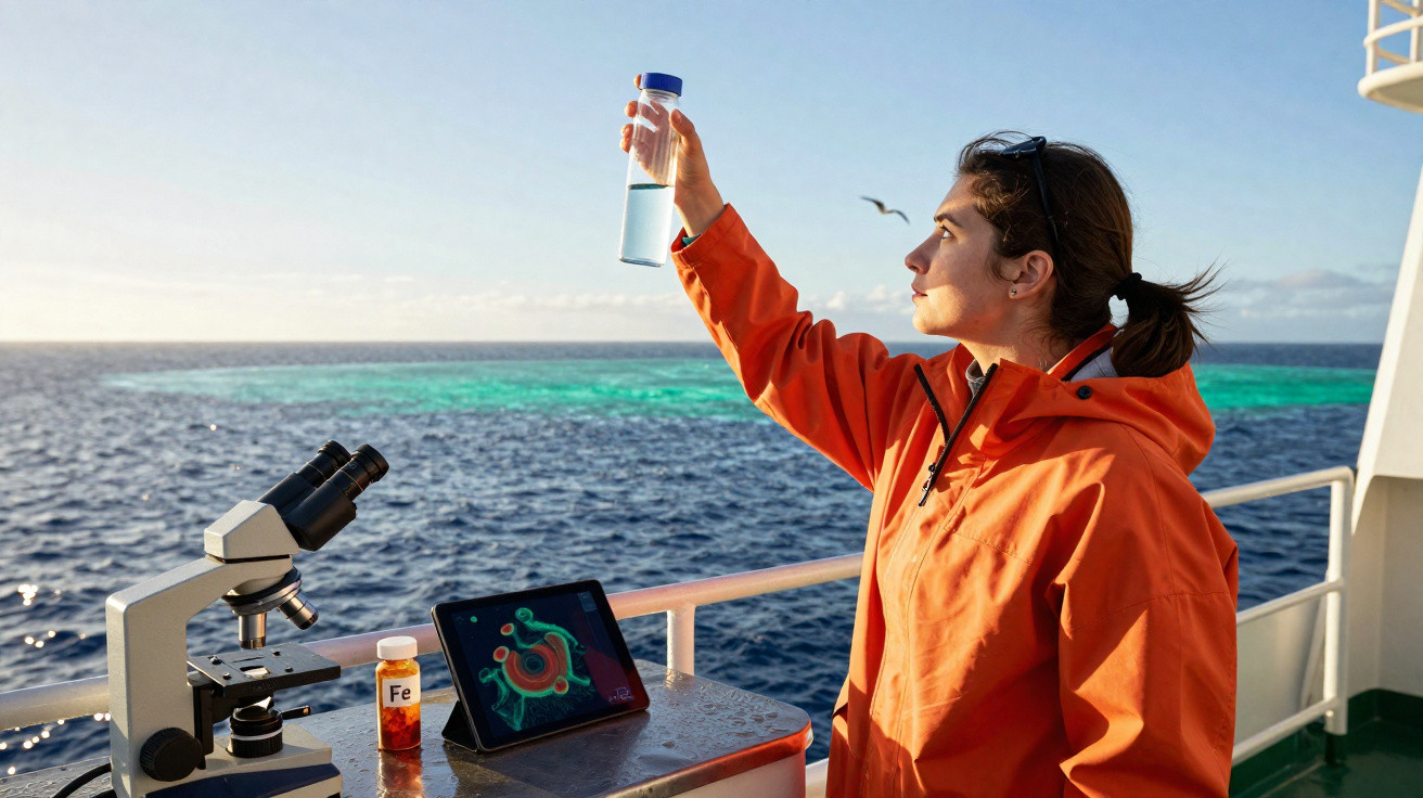 Mulher com roupa laranja analisa amostra de água do mar em barco com microscópio e tablet.
