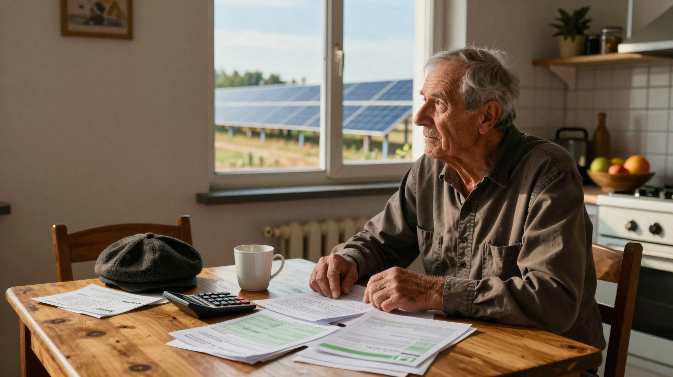 Idoso sentado à mesa com contas e olhando pensativo pela janela para painéis solares.