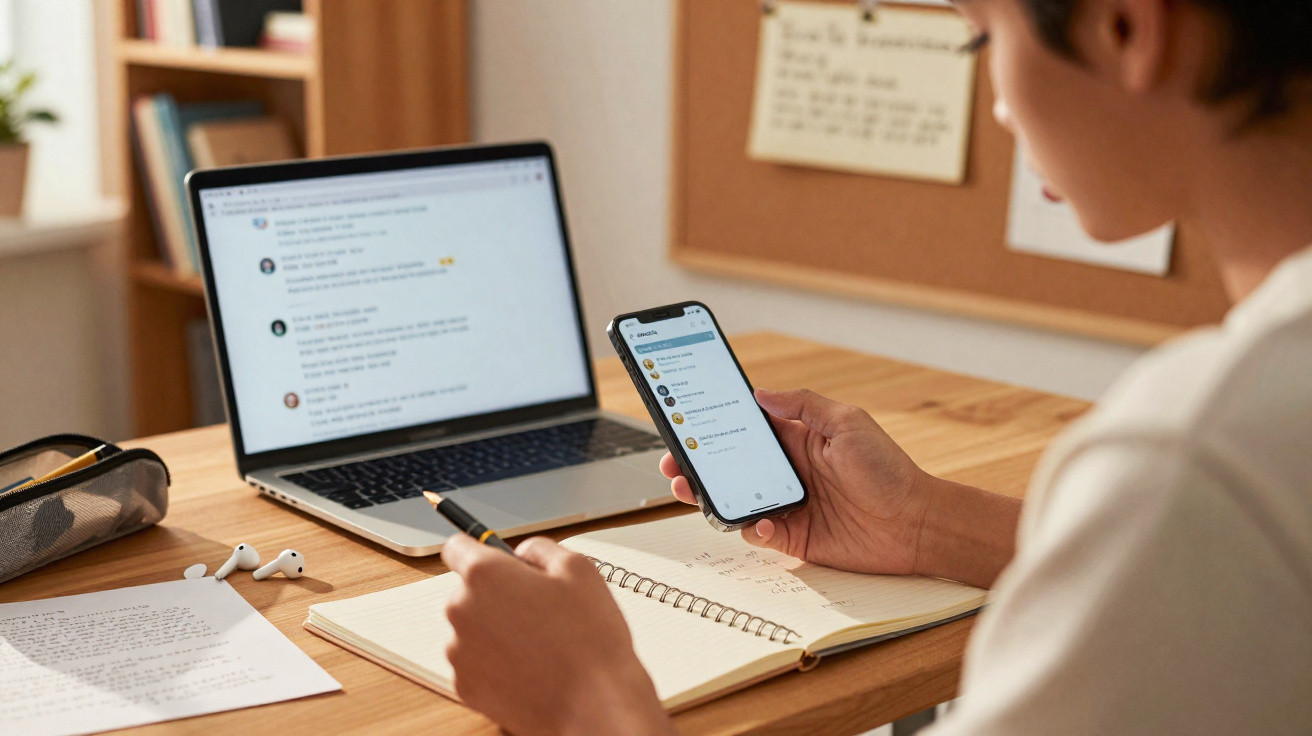 Pessoa estudando em mesa com laptop aberto, celular na mão, caderno de anotações e fones de ouvido.