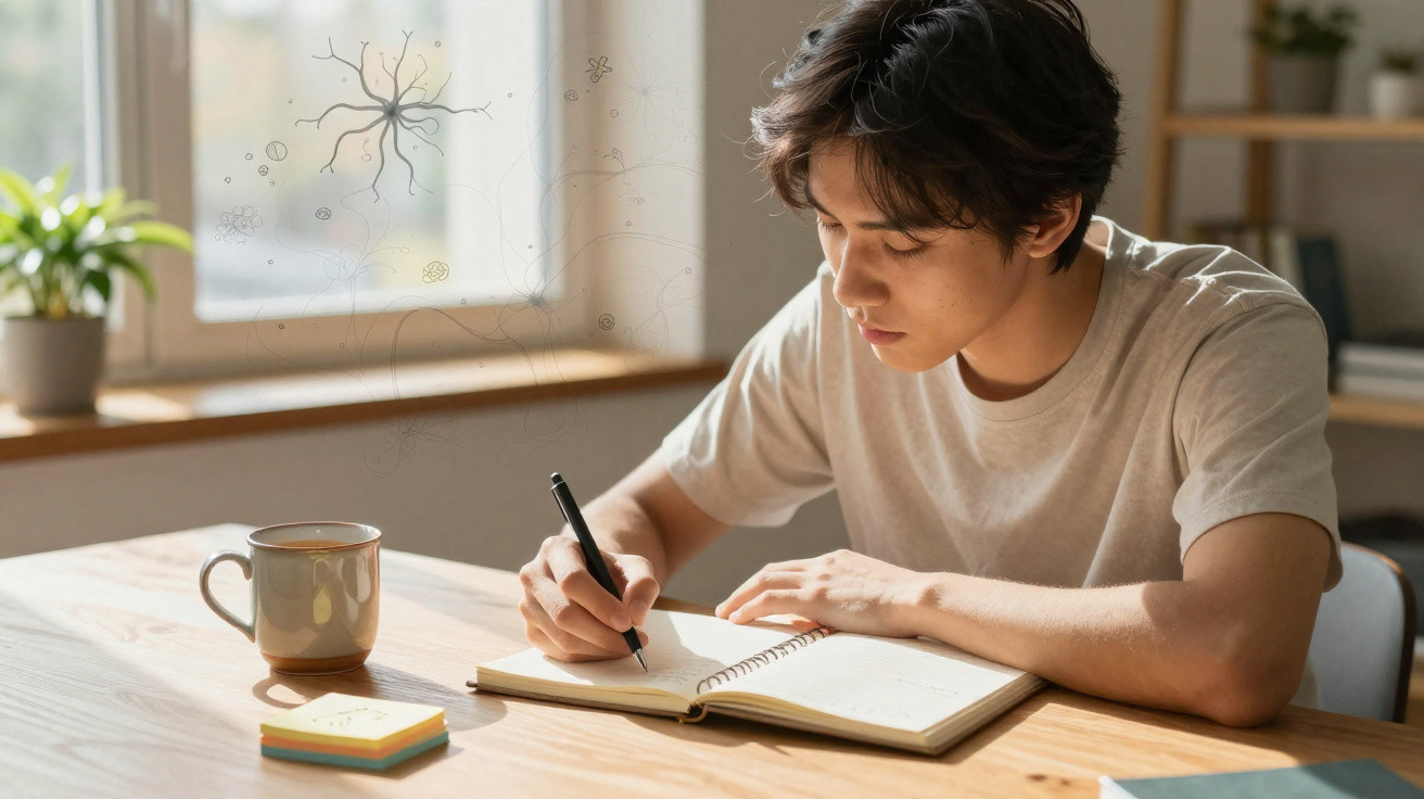 Jovem escrevendo em caderno na mesa com caneca e post-its perto, em ambiente claro e tranquilo.