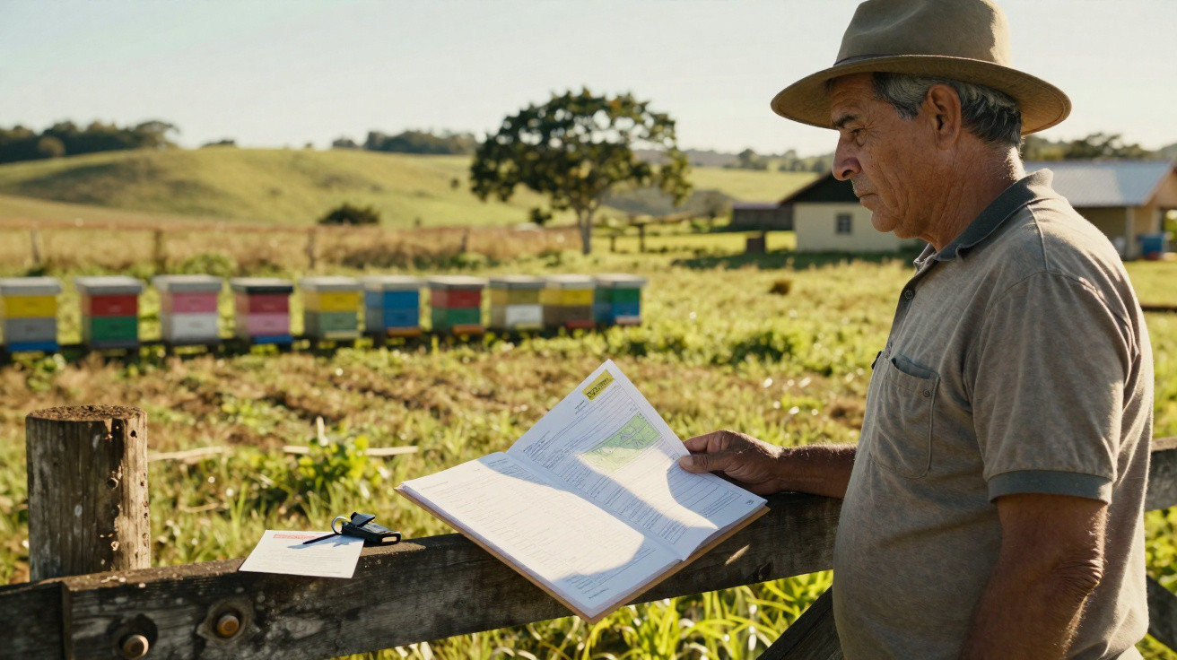 Homem com chapéu lendo caderno em área rural com colmeias coloridas ao fundo.