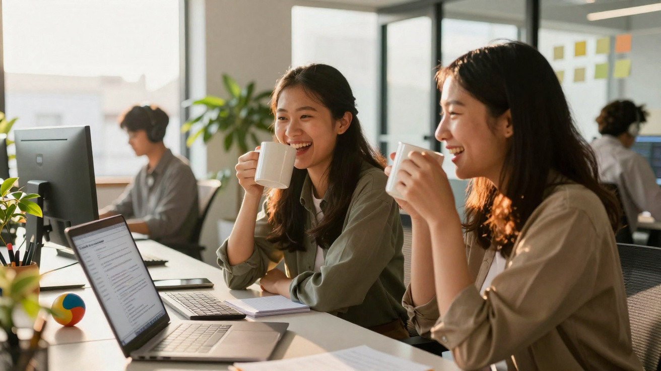 Duas mulheres jovens sorrindo e tomando café enquanto trabalham em laptop em escritório moderno iluminado.