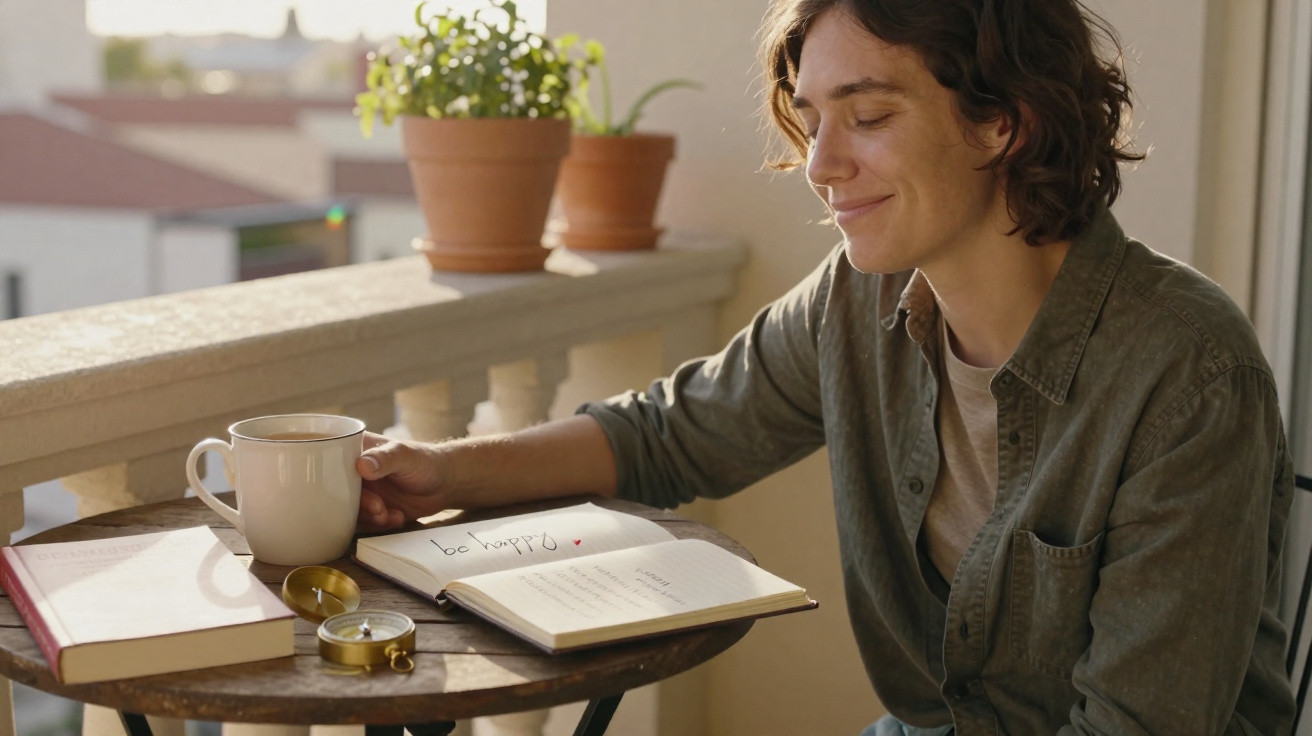 Pessoa sorrindo sentada à mesa com caderno, xícara e plantas em varanda iluminada pelo sol.