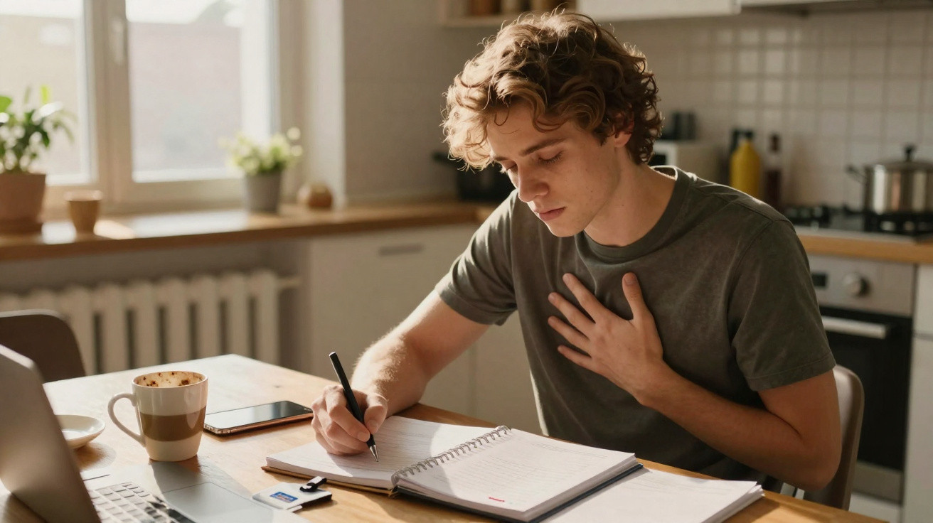 Jovem sentado à mesa em cozinha escrevendo em caderno, com mão no peito, concentrado, ao lado de café e celular.