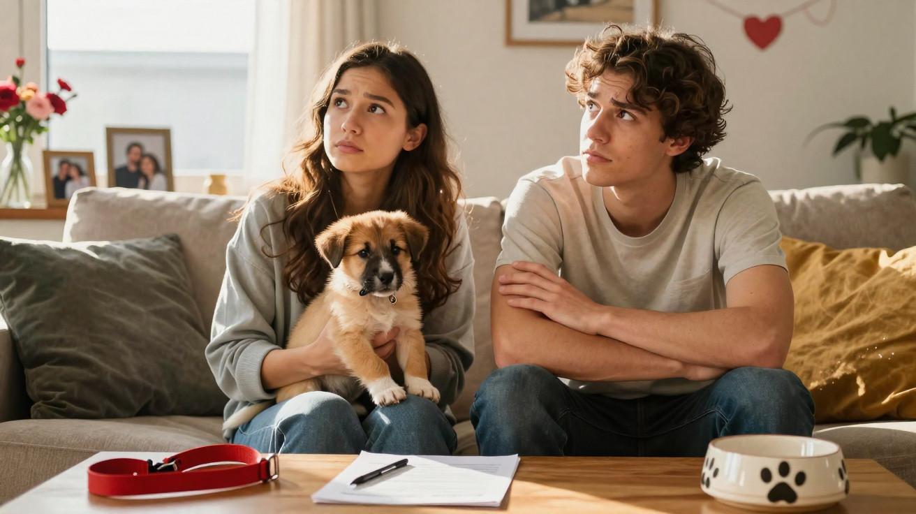 Jovem casal sentado no sofá com expressão preocupada e filhote de cachorro no colo, com coleira e tigela na mesa.