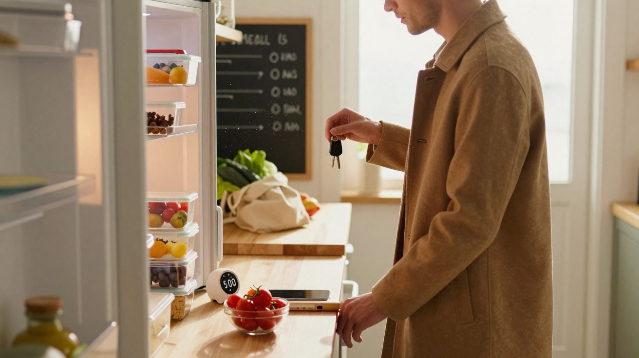 Pessoa segurando chave perto de geladeira aberta em cozinha com frutas e legumes no balcão